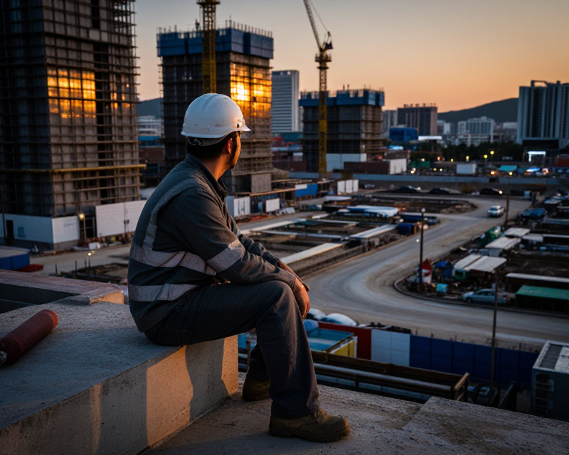 Contemplative construction worker in Seoul